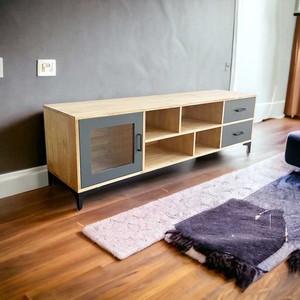 Meuble TV de Luxe Ministral KTV68098 en Bois Naturel avec Pieds en Fer, Console TV Électrique pour Salon ou Ferme - Product Image 3