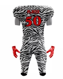 Maillot de football américain imprimé zèbre pour hommes, uniforme rouge avec gants respirants anti-UV à séchage rapide, kit sublimé super lourd 300g - Product Image 3