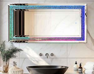 Grand miroir mural moderne à LED écrasé en diamant interrupteur tactile lumières RVB bords de cadre biseauté habillage argenté rectangulaire - Product Image 1