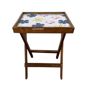 Delicate Floral Printed Mango <b>Wood</b> <b>Coffee</b> Serving Tray with Durable Folding <b>Legs</b> Multi-Purpose Wooden <b>Table</b> for Bed, Breakfast - Product Image 1