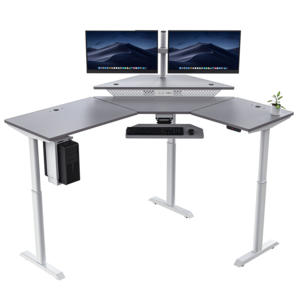 VersaDesk PowerLift Electric Height-Adjustable Corner Standing <b>Desk</b> <b>Grey</b> Surface With White Frame for Home or Office Use - Product Image 1