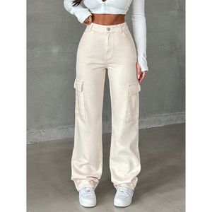 Women's High Rise Cream <b>Denim</b> Cargo Jeans 6-Pocket <b>Stretch</b> <b>Fabric</b> Eco-Friendly Durable Plating Clean Look Modern High Quality - Product Image 4