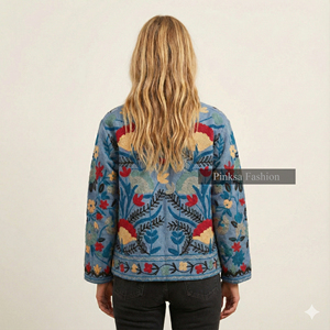 Veste d'hiver pour femmes en coton tricoté brodé de fleurs bleues, écologique, coupe-vent, style ethnique suzani, fabrication artisanale, vente en gros - Product Image 2