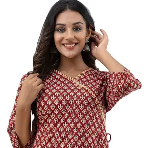 Hot Selling Beautiful Fashionable Burgundy Color Full Length Kurta with V-neck Design and Long Sleeves for Women and Girls
