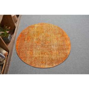 Tapis Turc Vintage Moderne 3.4 X 3.5ft Orange Patchwork Design Laine Latex Pile Moyenne Décorations de Salle à Manger Écologiques - Product Image 1