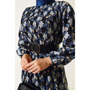 Vestido de gasa plisado con cinturón índigo - Product Image 3