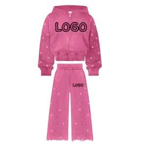 Manufacturers Custom Cropped <b>Distressed</b> Zip Sweatsuit Rhinestone Streetwear Tracksuit Regular Flared Heavyweight Casual - Product Image 5