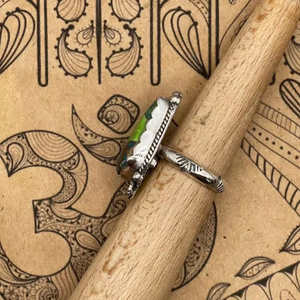 Green Mojave <b>Turquoise</b> <b>Ring</b> Handmade Silver <b>Ring</b> with Flower Fan Detail Southwestern Bohemian Statement Jewelry for Women - Product Image 3