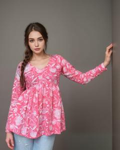 Kurtis court évasé léger à manches longues pour collège et bureau, avec décoration à boutons et motifs. - Product Image 6