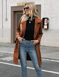 Veste de moto d'été pour femme, mi-longue, en laine mélangée, unie, respirante, épaisse, couleur camel, à double boutonnage, col à revers, chaude - Product Image 4