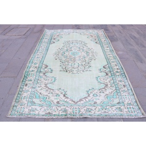 พรมวินเทจขนาด 5.5x9.1 ฟุต พรมตุรกีขนาดใหญ่ พรมขนสัตว์สีน้ำเงินลายอิคัต - Product Image 1