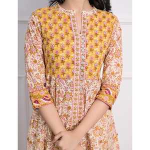 Vestido largo de algodón amarillo con estampado de bloques, estilo hippie elegante e informal para mujer, cintura imperio, transpirable, hasta el suelo. - Product Image 2