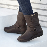 [JSHOE] Bottes mi-mollet compensées en cuir de chèvre véritable faites à la main pour femme, fermeture à bouton, doublure polaire chaude, confortables pour l'automne/hiver