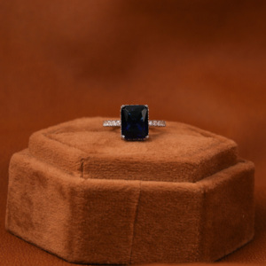<b>Emerald</b> Cut Hidden Halo Lab Grown Diamond Luxury Fashion Engagement <b>Ring</b> With Dark Blue Center Stone <b>Ring</b> 14KT Solid Gold - Product Image 1