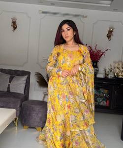 เดรสลูกไม้พิมพ์ลายยาวถึงพื้นสไตล์อินเดียสำหรับผู้หญิงชุดเดรสผ้าเครปยาวถึงพื้นแบบธรรมชาติ - Product Image 2