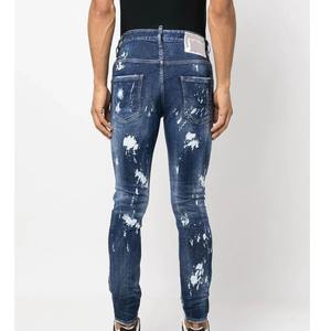 Los últimos pantalones vaqueros ajustados de cintura media para hombre de estilo callejero, pintura salpicada, bigotes rasgados desgastados, decoración de logotipo, diseño recto - Product Image 4