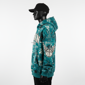 Sweat à capuche en polaire premium 350GSM, tissu brossé doux, imprimé turquoise sur toute la surface, avec broderie en chenille, logo personnalisé, sweat à capuche basique - Product Image 5