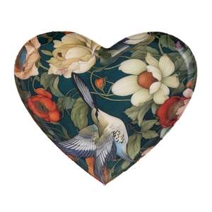 Plateau de service décoratif en métal en forme de coeur pour décoration de table, plateau fait main imprimé fleurs et oiseaux multicolores pour table basse - Product Image 4