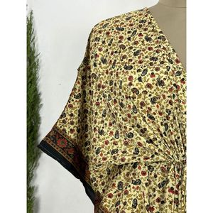 Vintage Sari <b>Kaftan</b> Boho Dress Recycled Silk Flowy Long Length Beach Coverup <b>Black</b> Beige Floral Motifs Women's Artistic Swimsuit - Product Image 6