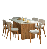 Table de salle à manger avec dessus en marbre de Toronto avec motif vertical pieds en bois de manguier naturel massif Table de salle à manger durable et écologique