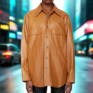 Oversize <b>Men's</b> Faux <b>Leather</b> Shirt with Turn Collar Button-Down Street Style Fashionable Horn Button Closure - Product Image 1