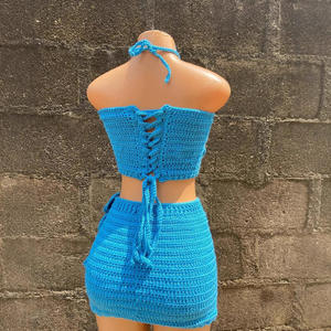 Nuevo Vestido de Bikini de Verano Casual Azul Natural de Ganchillo Tejido, Estilo Europeo Americano, Mini Vestido A-line Sexy con Escote Cruzado - Product Image 3