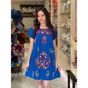 Robe maxi mexicaine brodée bleue pour femmes, motif floral ethnique bohème, été, taille naturelle, lavable - Product Image 1