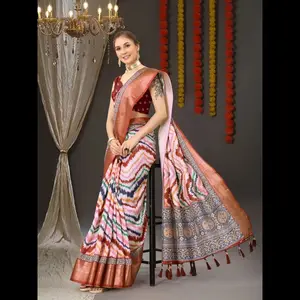 Fresh Arrival Premium Quality Assured oft Handloom Silk saree with Beautiful Zigzag digital Print with Zari weawing Contrast