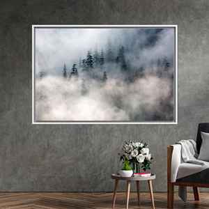 Tableau mural sur toile Forêt de pin brumeuse - Décoration calme et minimaliste, 1P : encadré blanc - Product Image 1