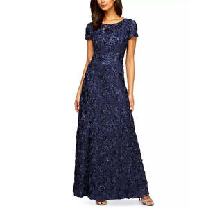 Abito da Sera Alex Evenings per Donna, Blu con Pizzo Decorato, Linea A, Stampa Floreale, Abito da Sposa, Taglia 12 - Materiali Personalizzabili - Product Image 1