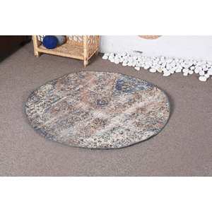 Vintage Handmade Wool <b>Rug</b> Beige and Blue Patchwork 3.3 X 3.3 ft Rectangular Abstract Pattern for Teen <b>Bedrooms</b> Latex Backed - Product Image 3