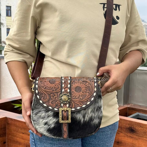 Nueva llegada occidental hecho a mano de cuero de vaca real bolso de alta calidad mejor calidad Tooled cuero genuino mujeres bandolera monedero - Product Image 4