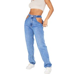 Jeans de Mezclilla Azul para Mujer, Corte Regular, Estilo Boyfriend, Pierna Recta, Tiro Medio, Casuales, a la Moda, Cómodos, con Borlas - Product Image 1