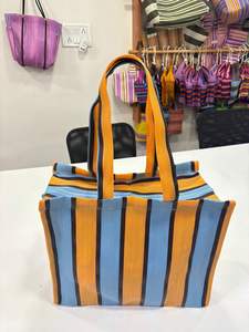 Sac de shopping personnalisé, écologique, grand, réutilisable, en plastique tissé à rayures, imperméable, avec poignée souple, fabriqué à la main, recyclé, pour la plage - Product Image 4