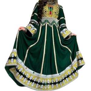 Robe afghane kuchi à manches longues d'inspiration patrimoniale, motifs vintage, style ethnique, broderie tribale, jupe évasée, tissu en mousseline - Product Image 1