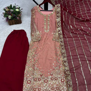 Ensemble haut-sharara-dupatta pour femme, rouge vintage à pois, broderie, tissu velours anti-rides, taille L, 950g, marque HK - Product Image 1