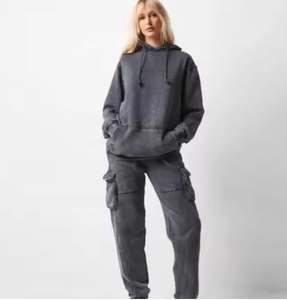 Fabricant de survêtement personnalisé délavé à l'acide survêtement unisexe survêtement hommes femmes lavé à capuche Cargo Joggers 2 pièces ensembles - Product Image 4