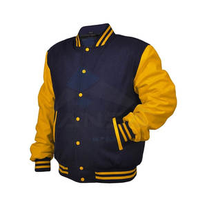 เสื้อแจ็คเก็ตทีมแบบกำหนดเองสำหรับผู้ชาย แขนหนัง ตัวเสื้อผสมขนสัตว์ ทรงเข้ารูปแบบยางยืด ให้ความอบอุ่นและน้ำหนักเบา สีกรมท่าทอง - Product Image 2