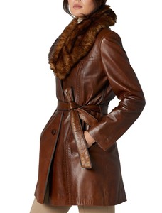 แจ็กเก็ตแฟชั่นสำหรับผู้หญิงขนาดใหญ่พิเศษตามสั่งเข็มขัดหนังแกะหนังพียูเทรนช์โค้ทยาวพร้อมแจ็กเก็ตปกขนเฟอร์ - Product Image 6