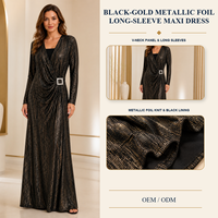 Robe longue pour femme en maille noire et or métallisé à imprimé feuille, col en V drapé, manches longues, avec boucle en strass