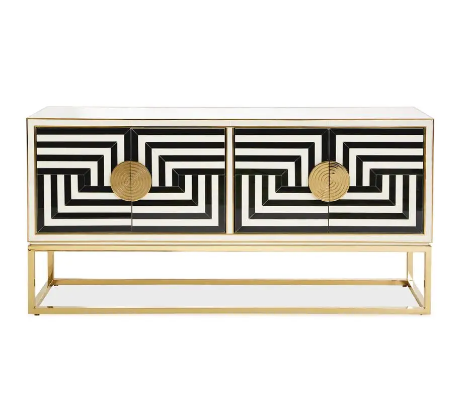 Jonathan adler black and white painted glass door with gold stainless steel base cabinet tv stand for storage
