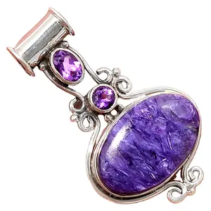 Atacado Natural Siberian Charoite & Ametista 925 Sterling Silver Pendant Jóias SDP39238 P-1448 Handmade Designer Jóias