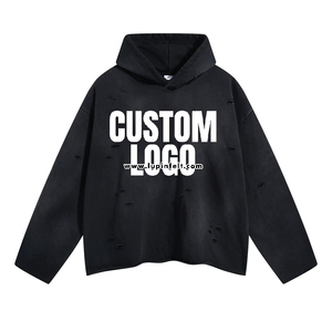 Sudadera con capucha rasgada lavada con ácido personalizada-Sudadera de gran tamaño desgastada para hombres y mujeres básicos mezcla de algodón - Product Image 5