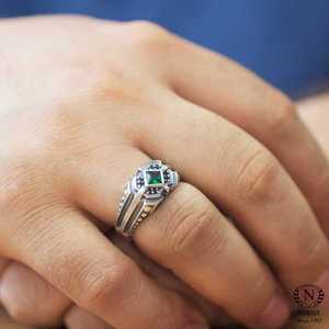 Men's 925 Sterling <b>Silver</b> <b>Ring</b> with <b>Emerald</b> Cut Stone Square Geometric Motif Bezel Setting Everyday Wear IGI Certified - Product Image 1