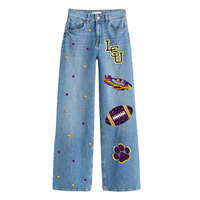 Pantalon en denim brodé du jour du match personnalisé taille haute nouveau design de jean ample avec paillettes cousues à la main populaire pour les femmes