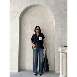 Topshow Women's <b>Linen</b> <b>Shirt</b> with Pocket Applique <b>Black</b> Wholesale Raw <b>Linen</b> Blouses & <b>Shirts</b> - Product Image 3