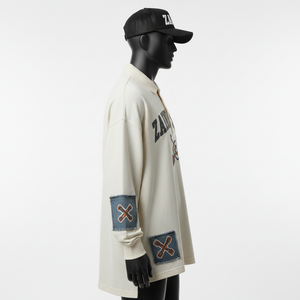 Polo de Punto de Algodón de Primera Calidad para Hombre, 240 GSM, Color Crema, Panel de Mezclilla con Apliques, Logotipo Personalizado - Product Image 3