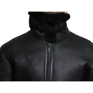 Chaqueta de Cuero Genuino de Piel de Oveja Negra para Hombre, Estilo Bomber B3, Chaqueta de Motociclista con Cierre de Cremallera y Forro de Borrego de Alta Calidad - Product Image 5