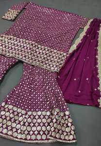 ชุดแต่งงานสุดคลาสสิกสำหรับผู้หญิง,ชุดสูท Sharara สไตล์ปากีสถาน Salwar Kameez งานกระจกฟอยล์จอร์จหนารุ่นล่าสุด - Product Image 4