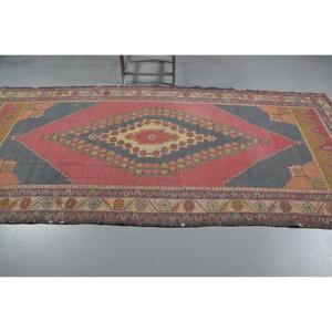 Vintage Turkish Rug, 4.9x11.7 ft Rug, <b>Red</b> Striped <b>Wool</b> Rug - Product Image 3